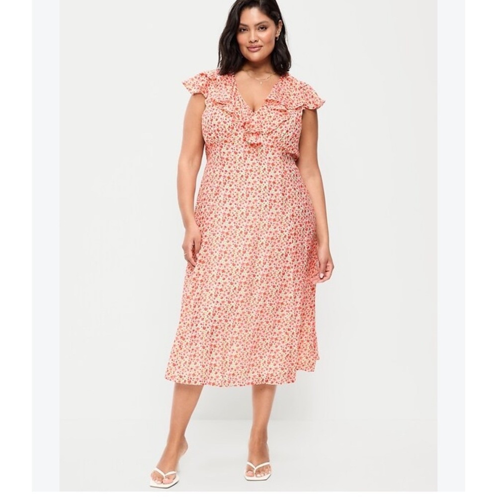 Old Navy Pink Floral Ruffle-Sleeve Fit & Flare Midi Dress 2X S/886571-02